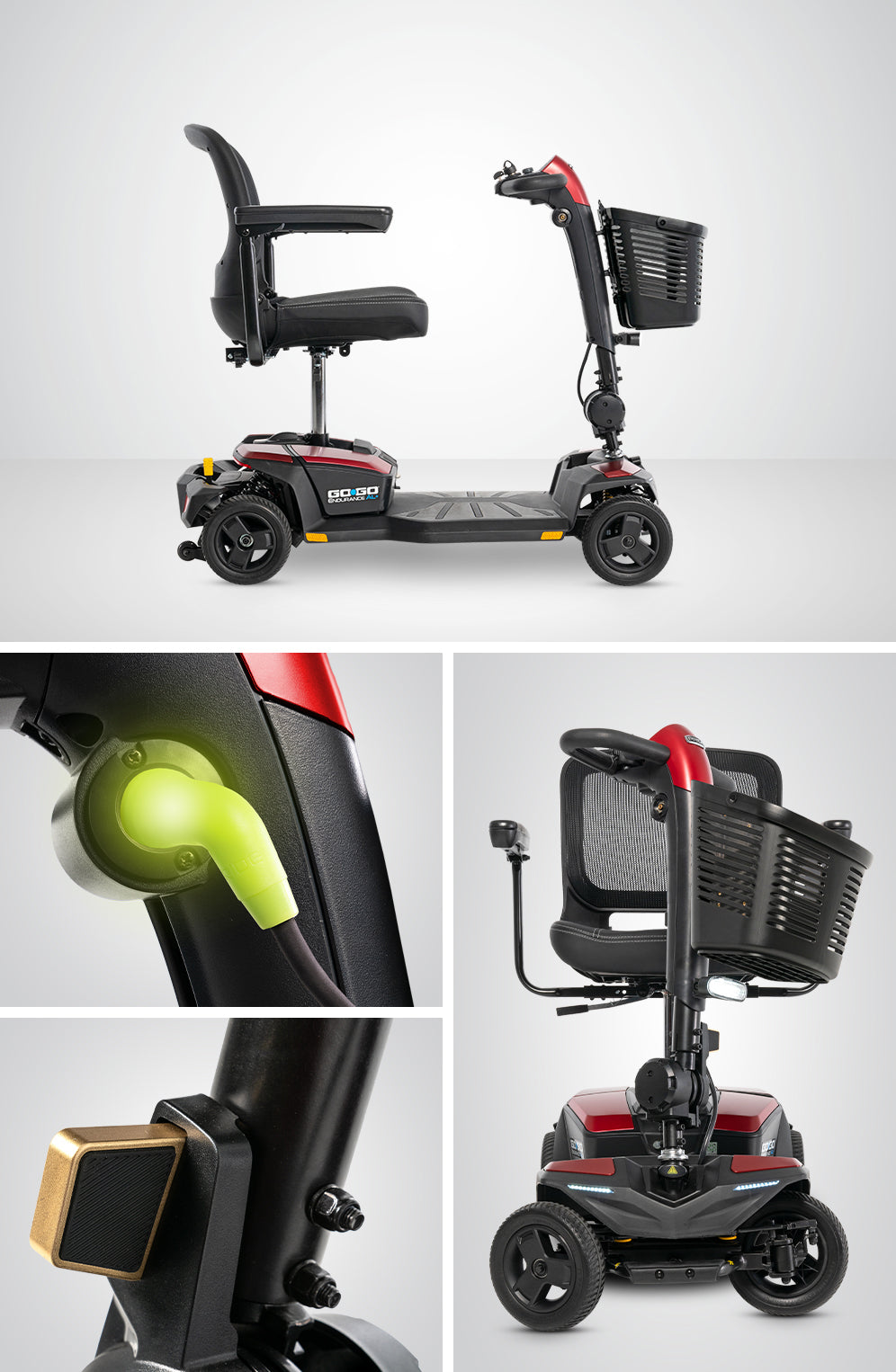 Pride Go Go Endurance AL+ in Garnet Red: side and front views with charging and tiller details